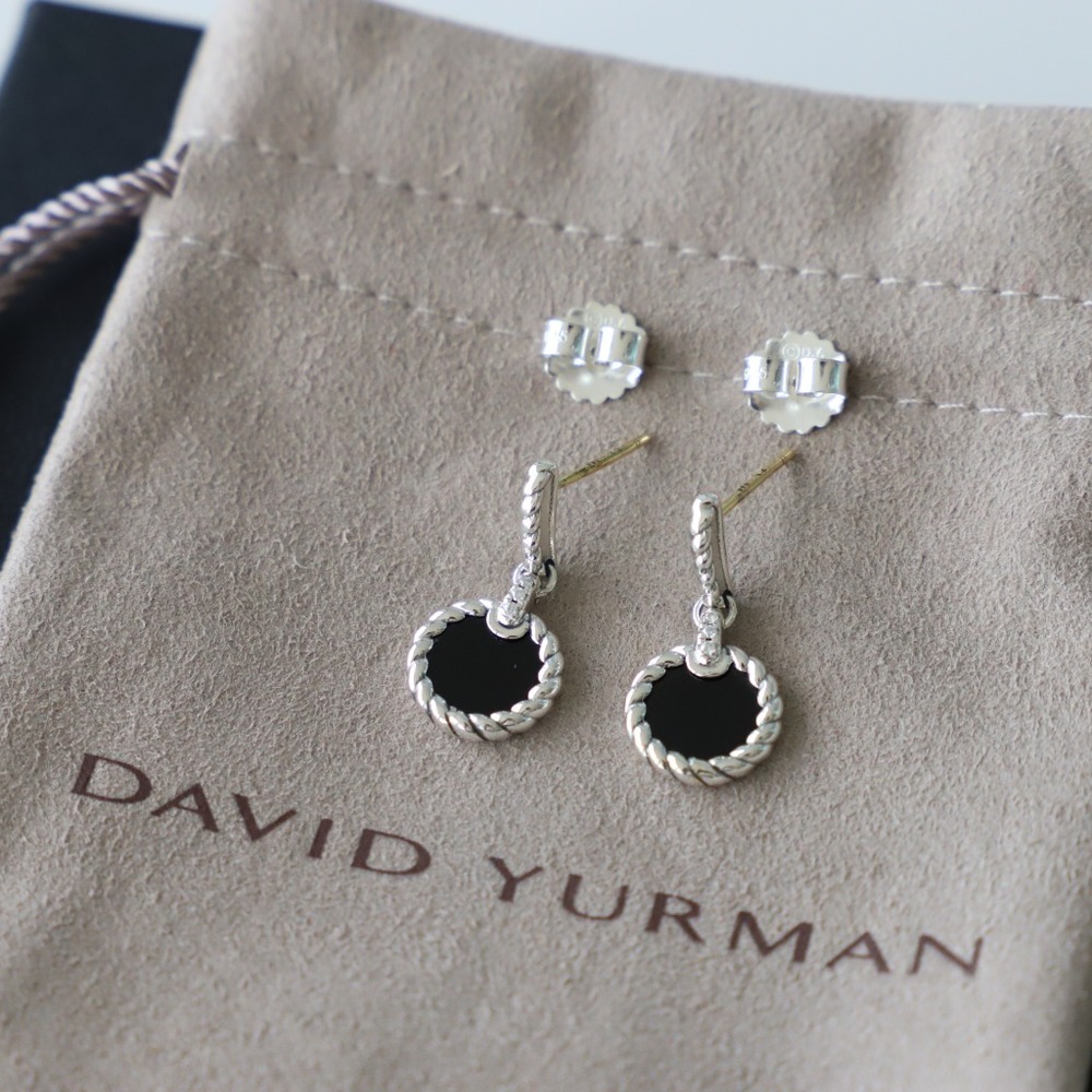 David Yurman Sterling Silver Elements Drop Earrings with Black Onyx and Diamonds